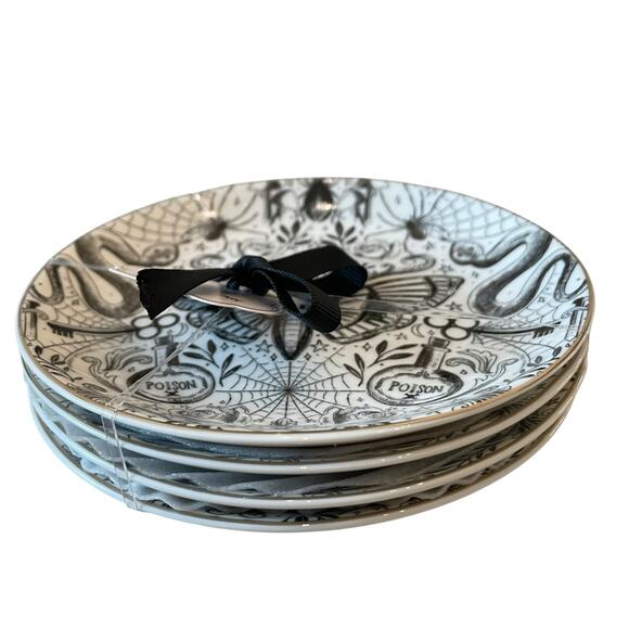 Grace Teaware Fine Porcelain Halloween Appetizer Plates 6" Black White 4pc NEW - Picture 4 of 15